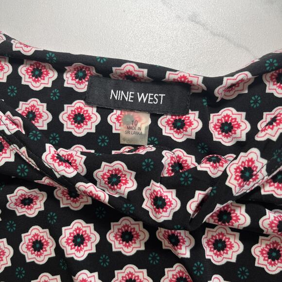 Nine West Women’s Short Sleeve Tie Waist Dress Stretch Size 10 Black Pink Floral - Picture 2 of 9